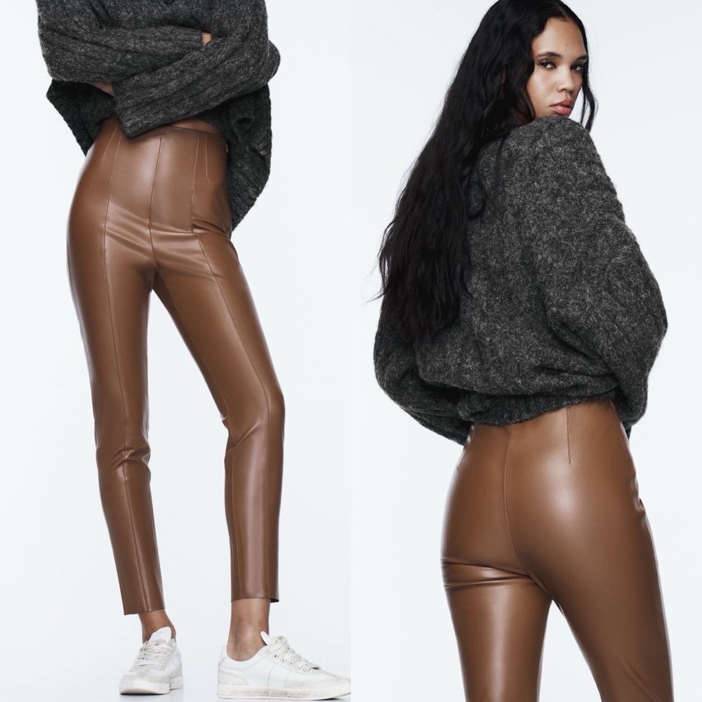 Zara FAUX LEATHER HIGH-WAISTED LEGGINGS Brown Size L NEW